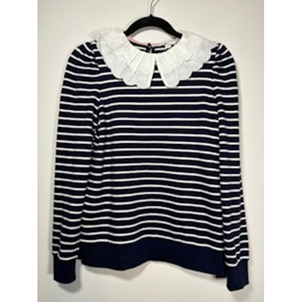 Boden Hattie Collar Sweatshirt Striped Peter Pan Top 2  Blue Eyelet Long Sleeve